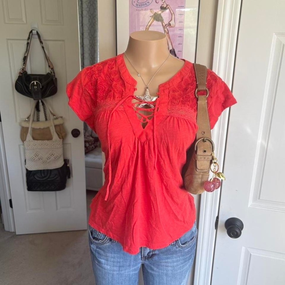 y2k 2000s boho western red‎ lace up front blouse cap sleeve top